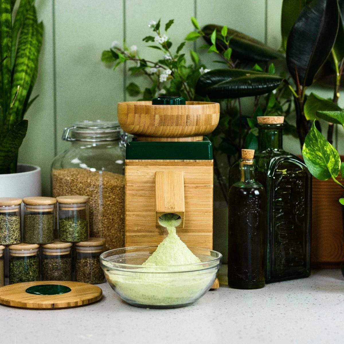 NutriMill Harvest Grain Mill | Forest Green + Cutting Board & Canister Bundle - Image 5