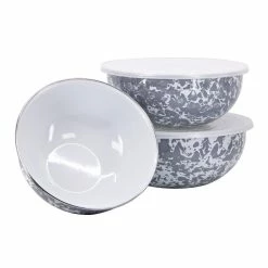 Golden Rabbit Enamelware Mixing Bowls With Lids - Set Of 3 | Grey Swirl