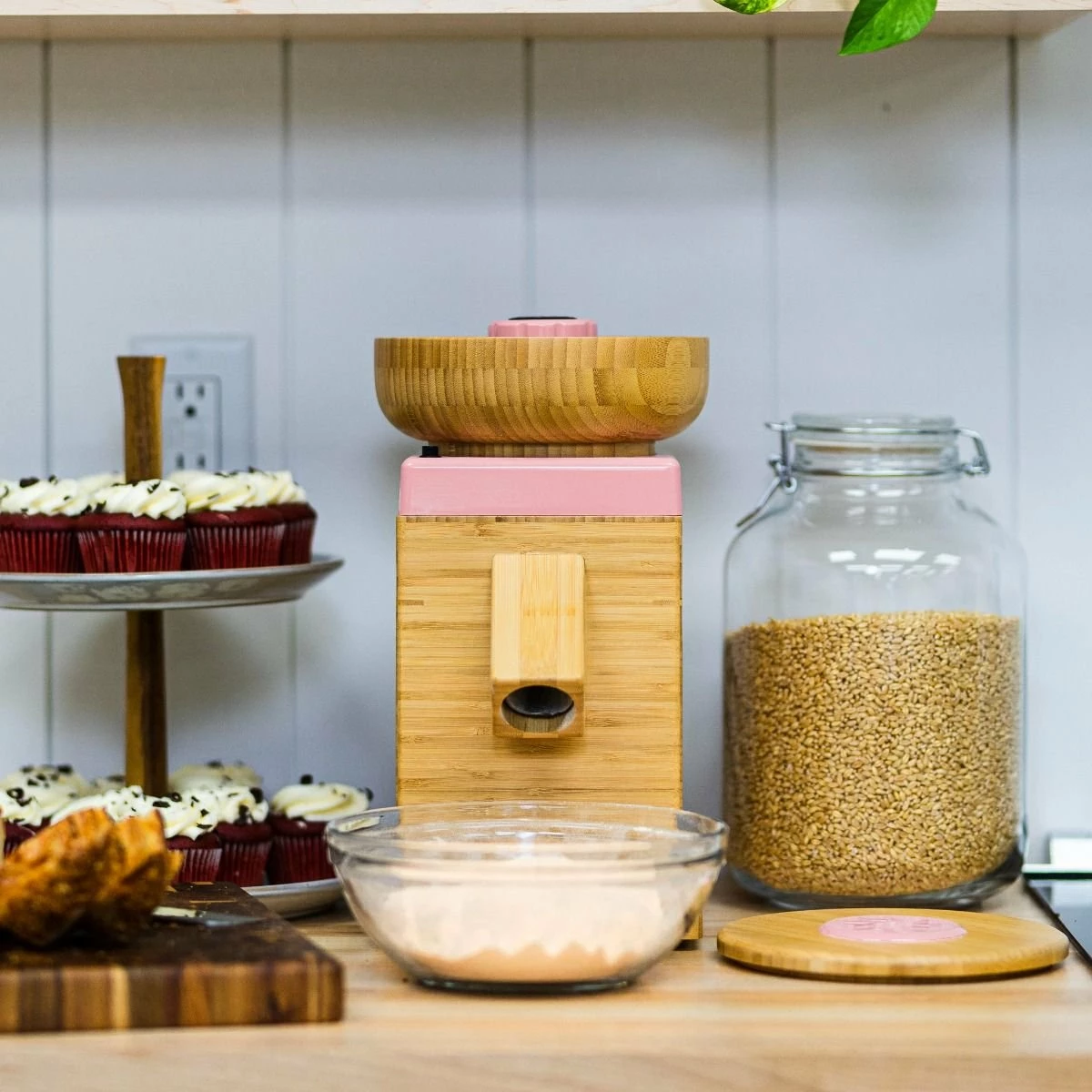 NutriMill Harvest Grain Mill | Pink + Cutting Board & Canister Bundle - Image 8